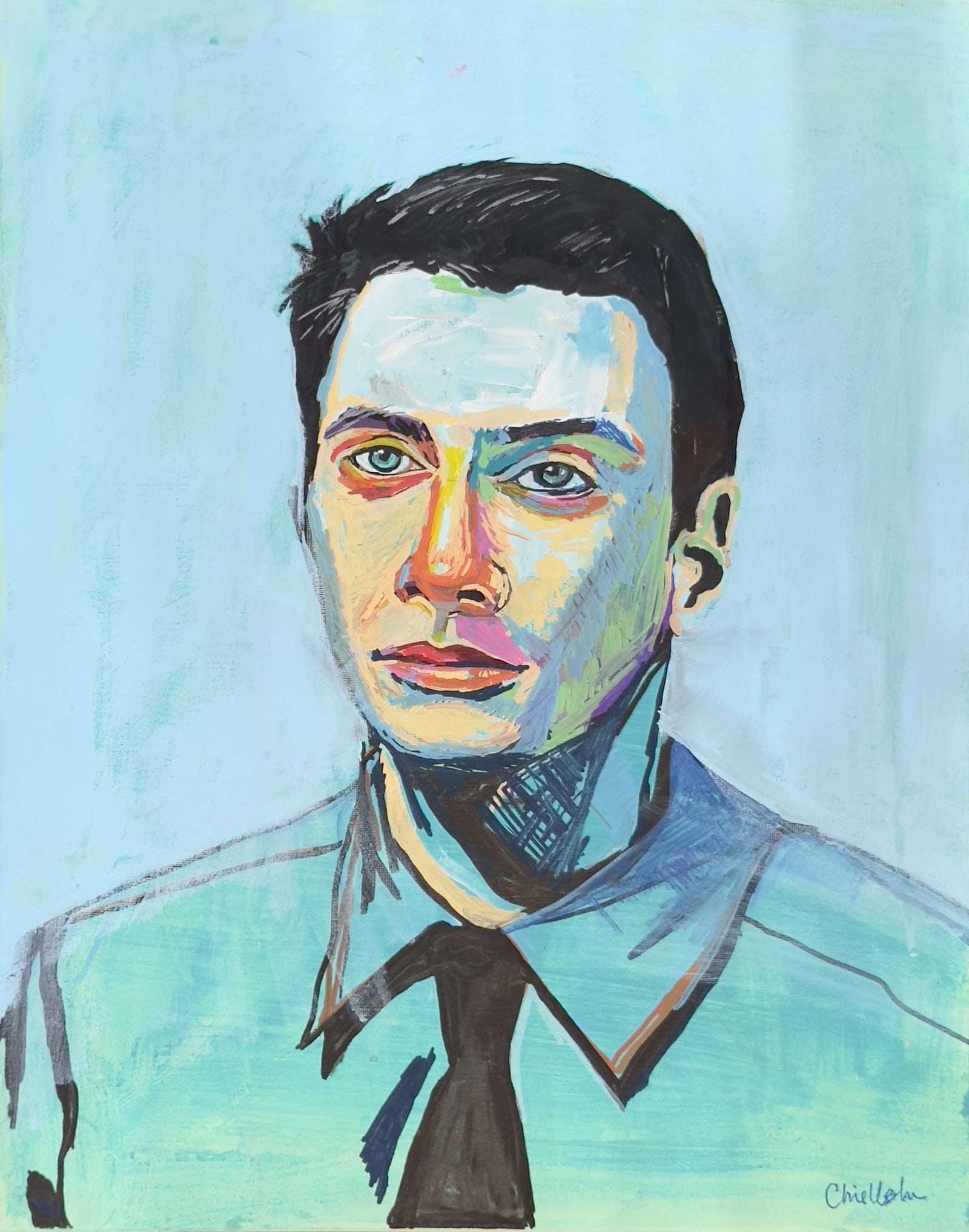 Portrait painting of a firefighter rendered in blue tones.