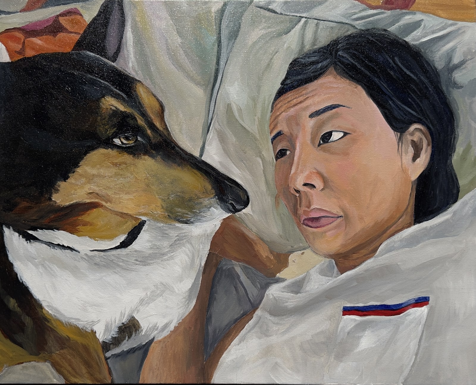 Painting of the artist with her dog, Mochi.