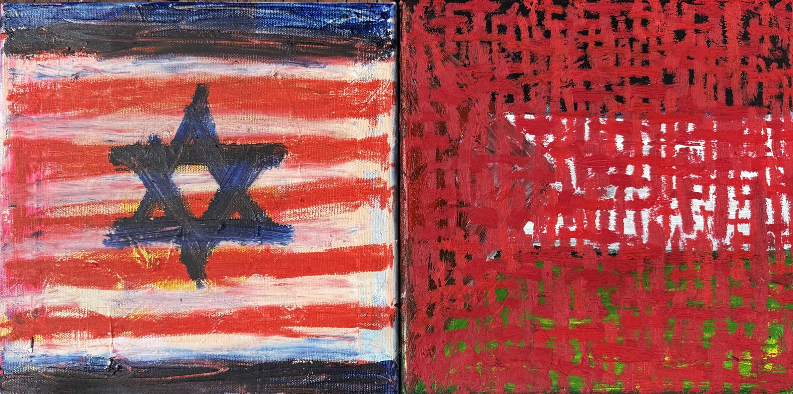 Painting, diptych: two flags rendered in the same red on separate panels, one legible and one nearly consumed by its field, its star scratched out.