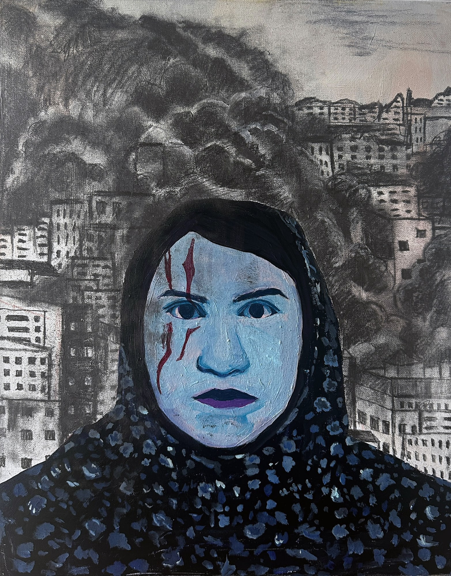 Painting: an injured woman looks directly at the viewer as the city behind her dissolves into smoke.