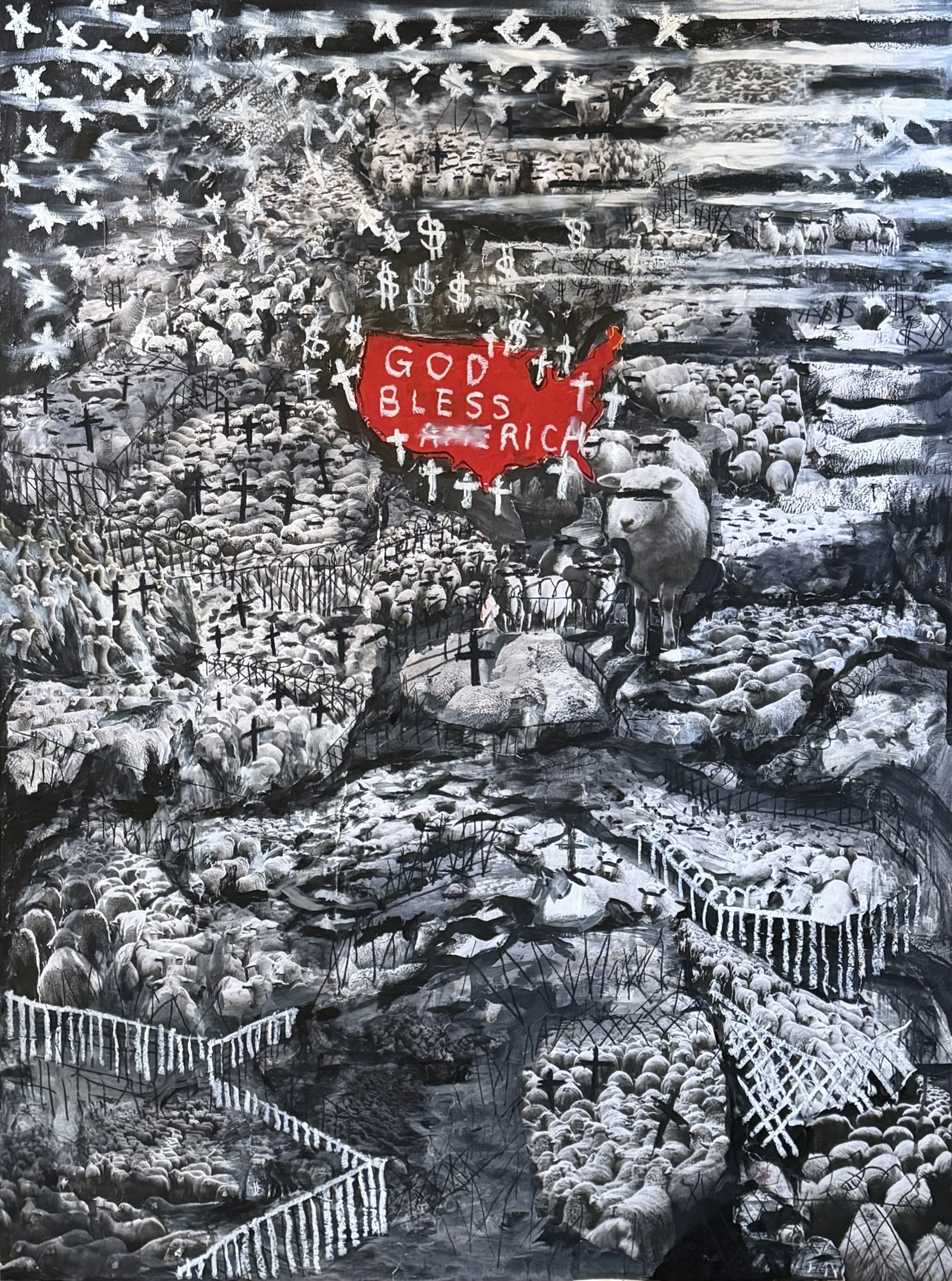 Painting: a blindfolded flock grazes among gravestones beneath a sky filled with dollar signs and crosses.