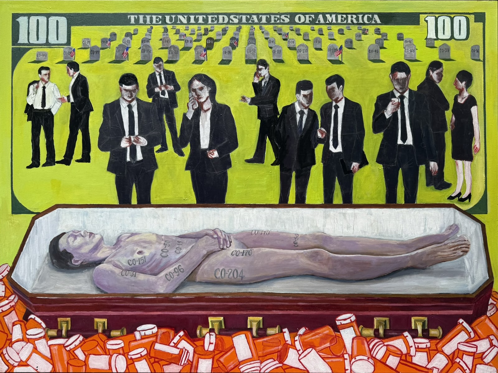 Painting: figures in suits stand above a body marked with insurance denial codes, resting on a mound of prescription bottles before gravestones bearing the same codes.