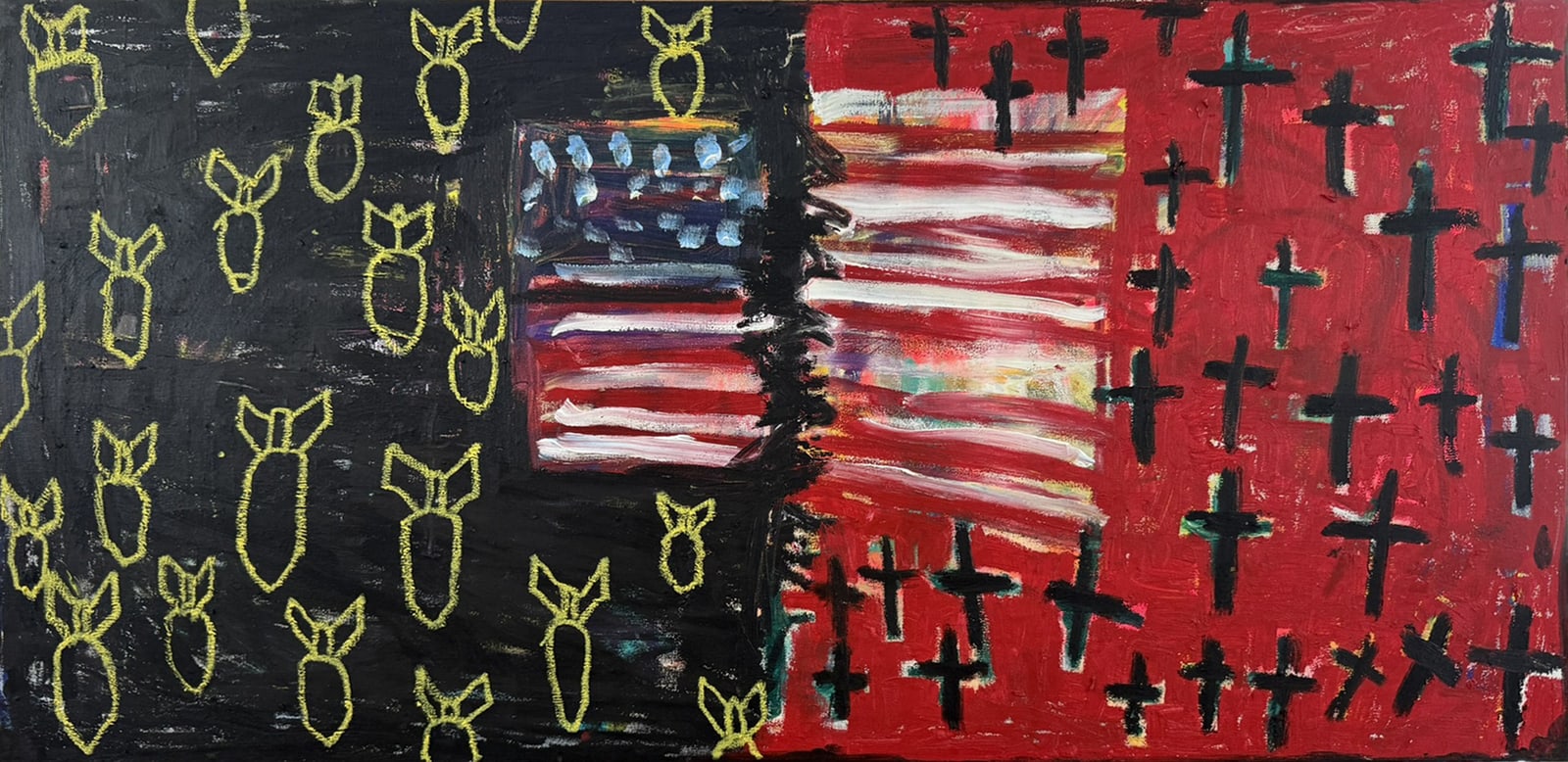 Painting: the American flag reconfigured as a field of tanks and missiles.