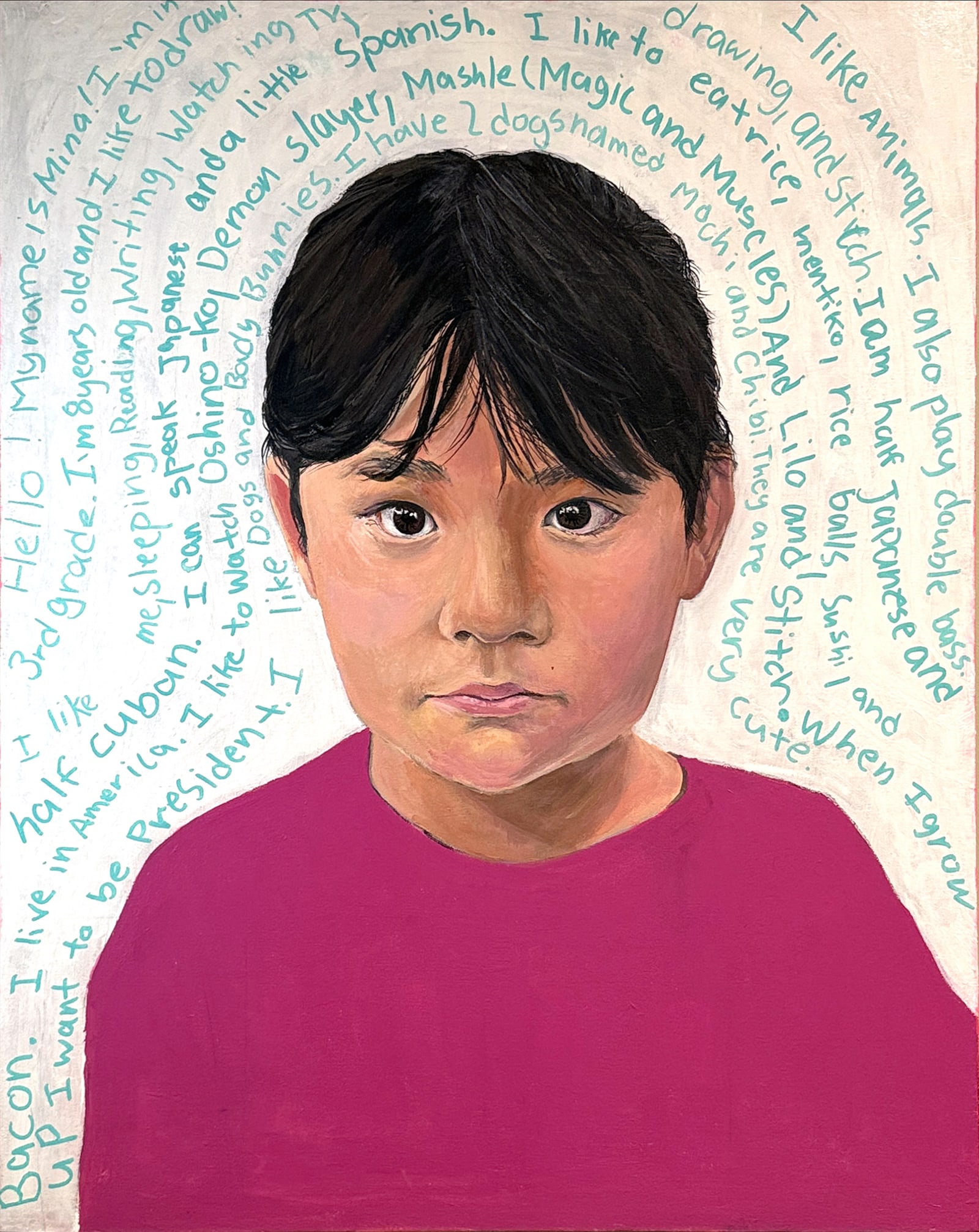 Portrait painting of Mina, surrounded by her own handwriting.