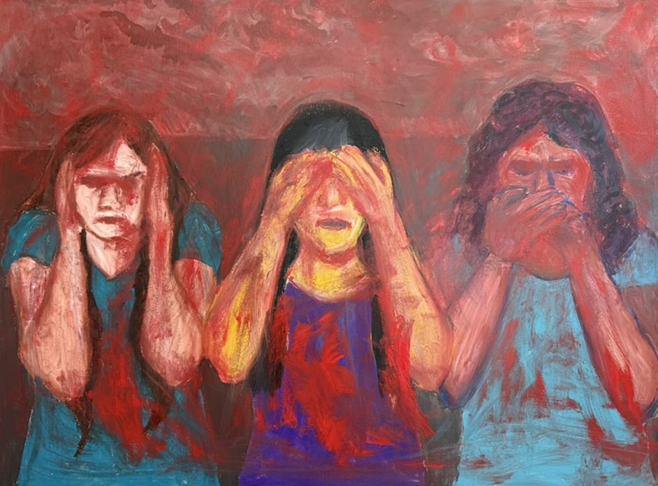 Painting: three distorted figures covering their eyes, ears and mouth.