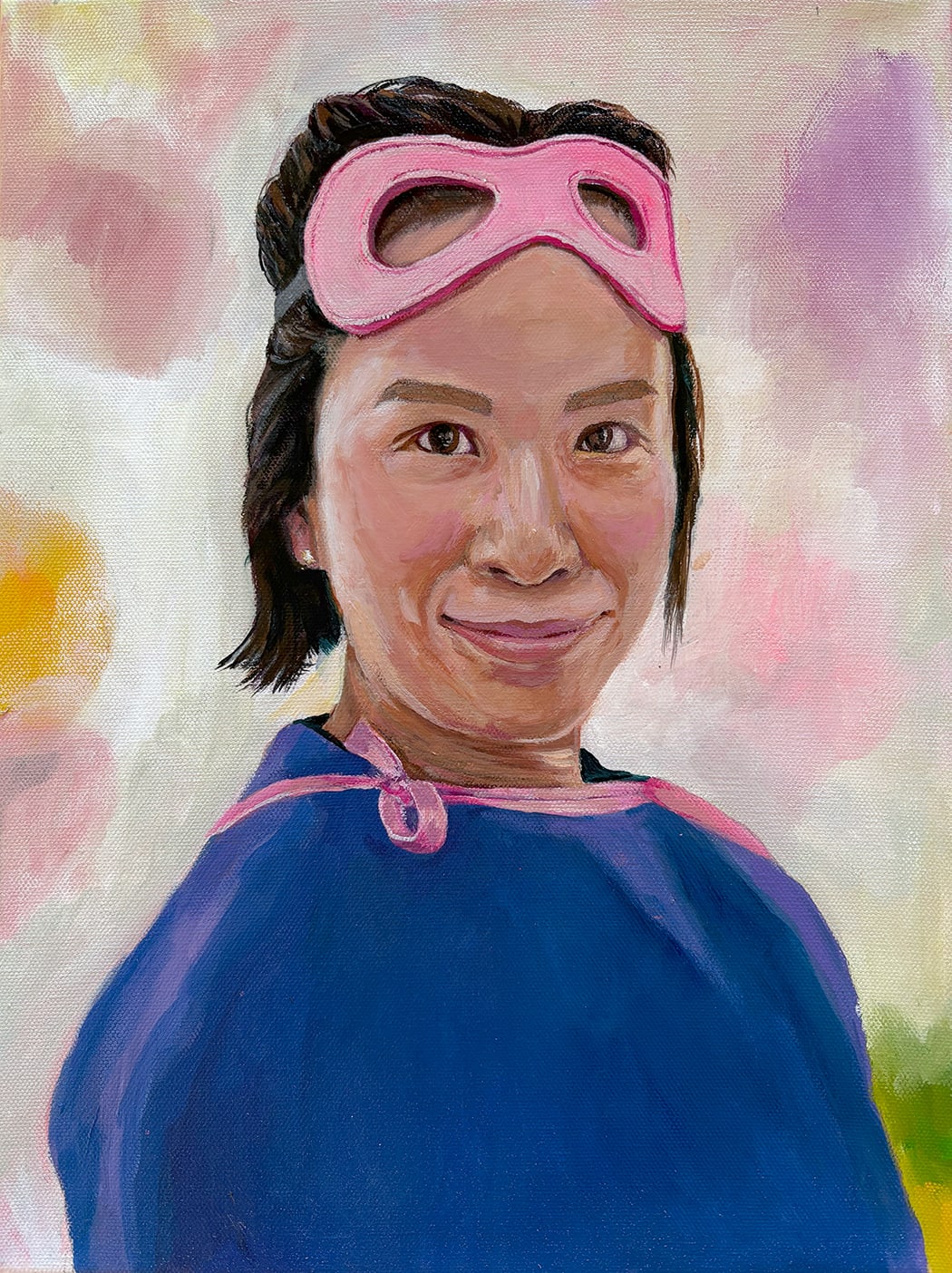Portrait painting of Tina wearing a pink mask.
