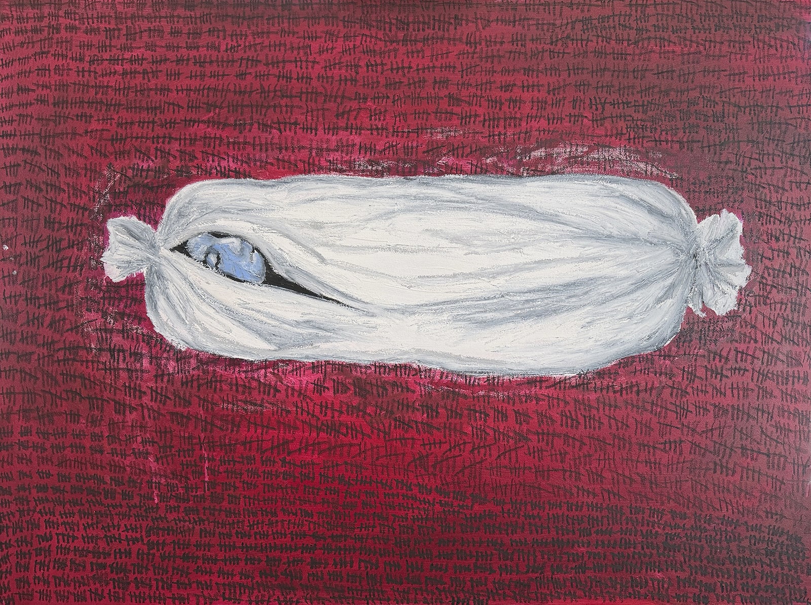 Painting: a body wrapped in white with one blue eye visible, set against a field of repeated marks.