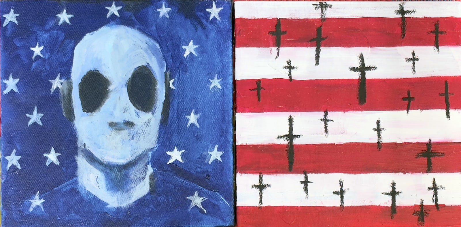 Painting, diptych: a faceless figure against an American flag whose stars are replaced by hollow symbols and crosses.
