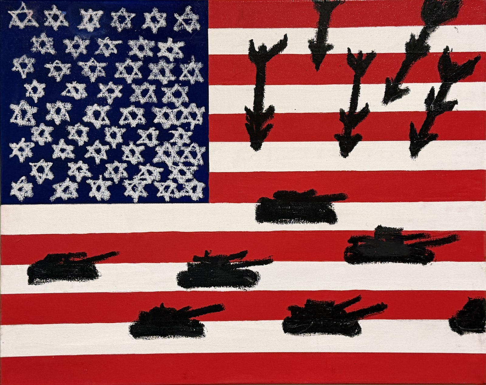 Painting: the American flag abstracted into descending arrows and armored forms advancing in formation.