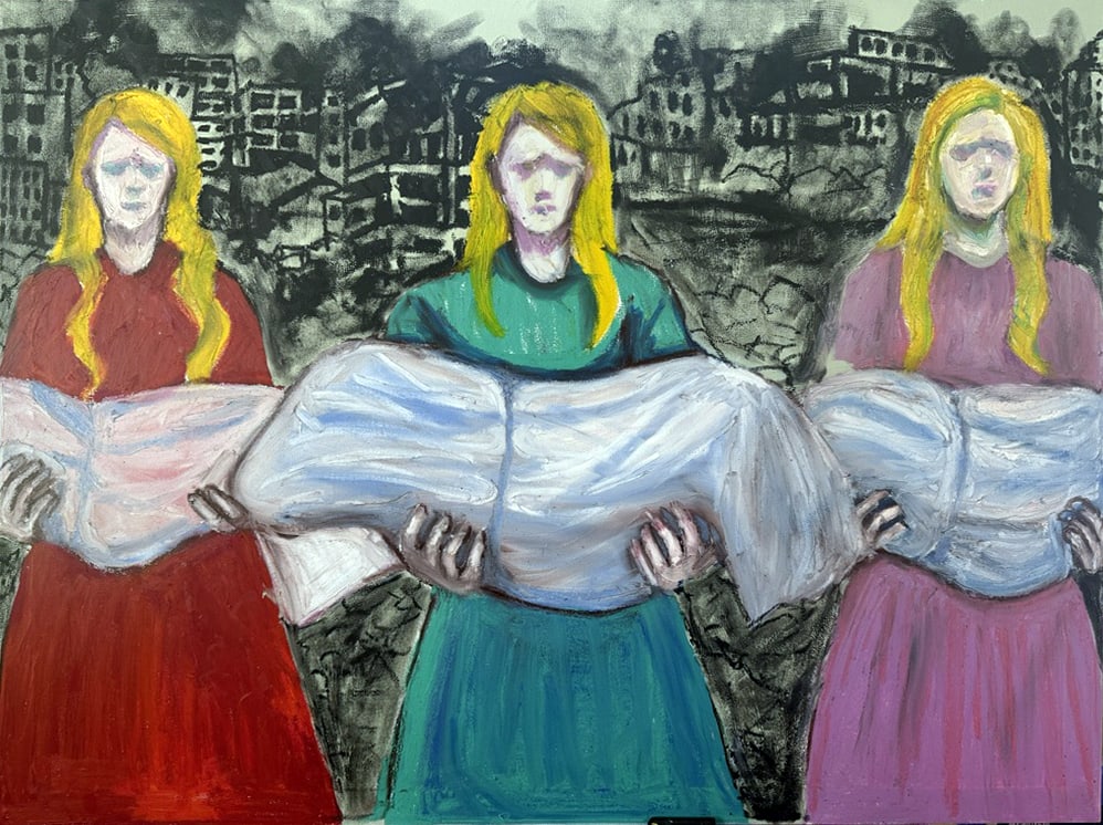 Painting: three women carry wrapped bodies across a devastated landscape in muted color.